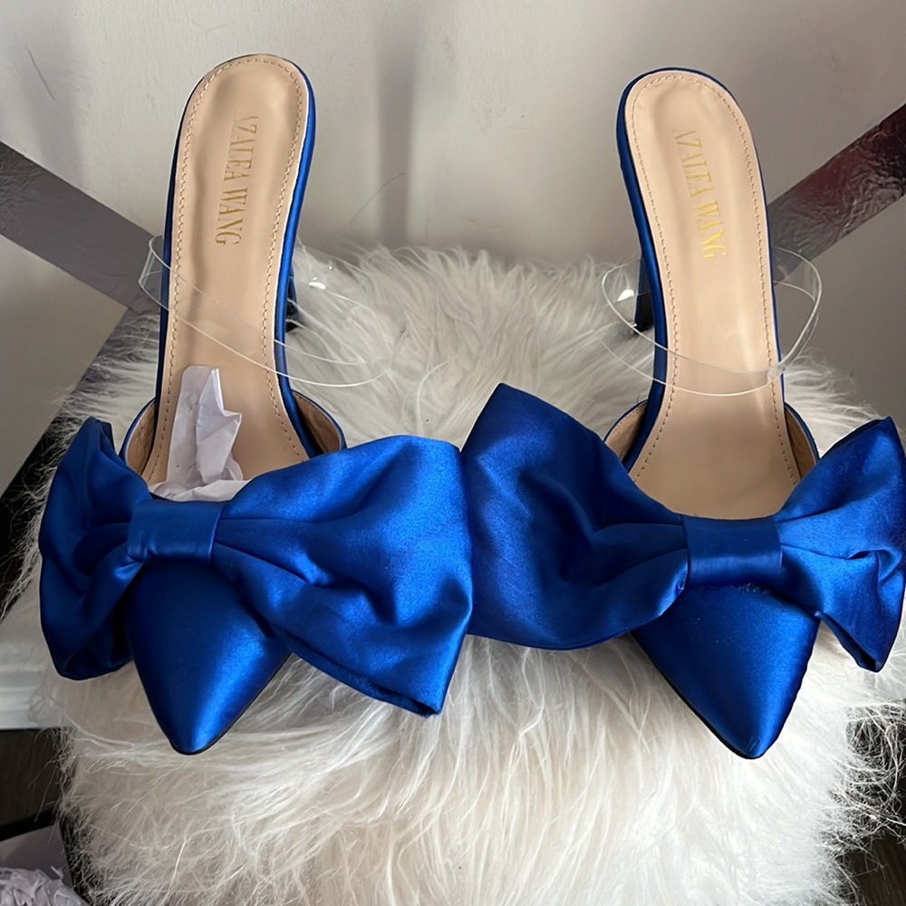 Blue satin bow tie mules!